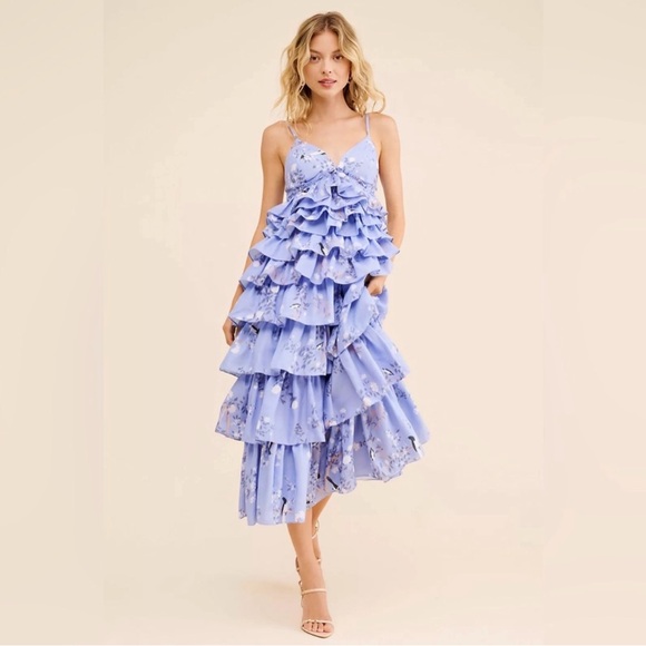 Anthropologie Geisha Designs Sleeveless Floral Tiered Ruffle Bird Midi Dress - Picture 2 of 7